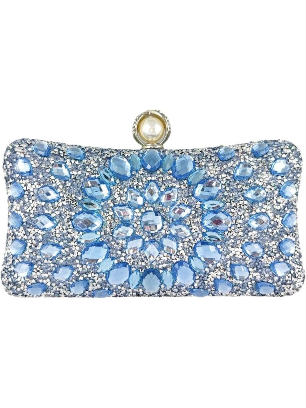 Womens Blue Crystal Rhinestone Pearl Clasp Hard Case Box Clutch Evening Bag